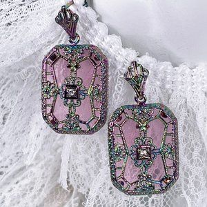 Rainbow Filigree Earrings with Pink Camphor Glass and CZ Accent Stone